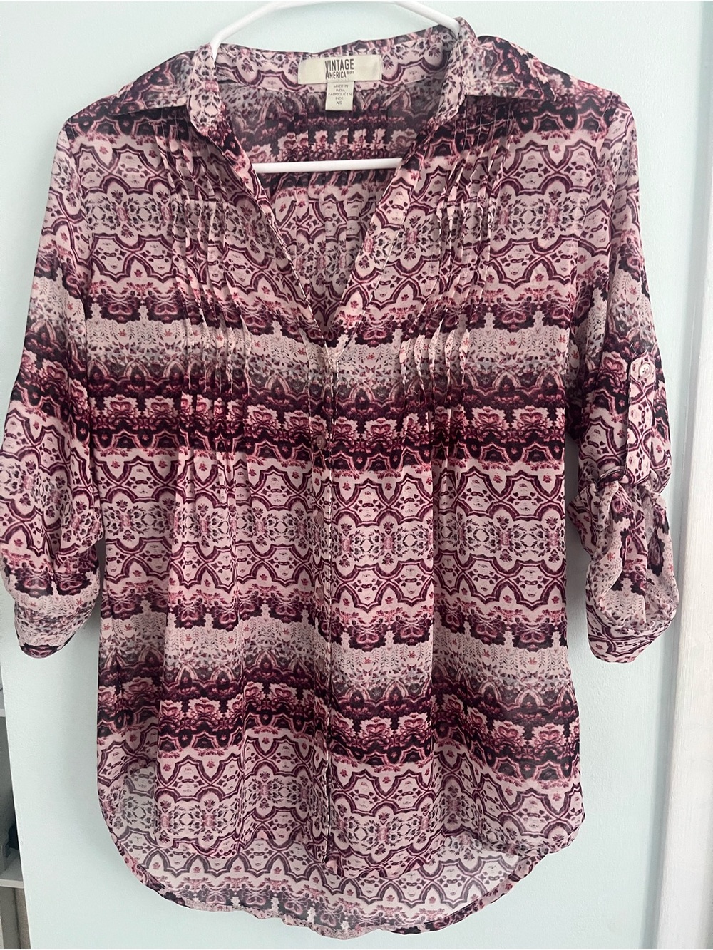 Vintage America Blues Pink and Burgundy Patterned Pintuck Sheer Blouse